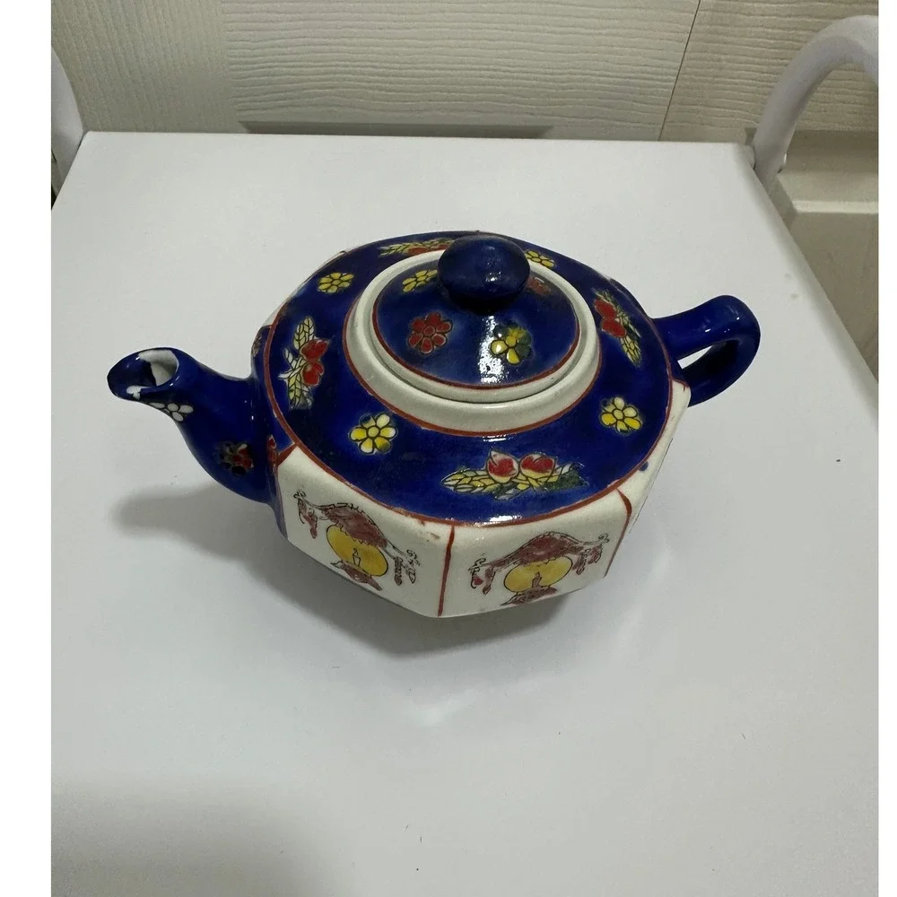 Vintage Chinese Hand Painted Porcelain Hexagonal Teapot Blue White Lanterns Good
